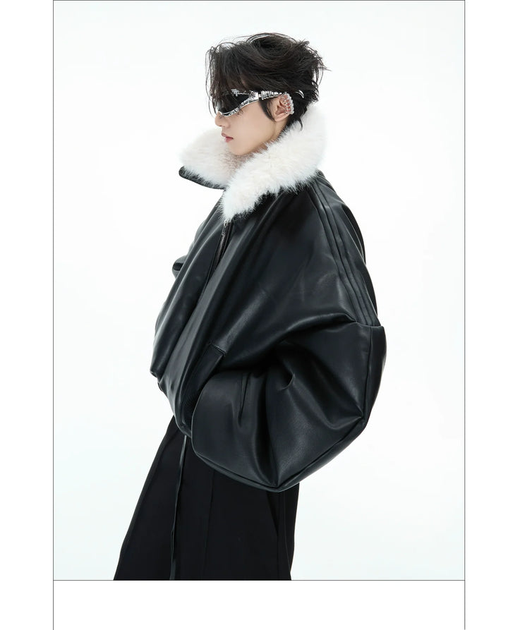 Faux Fur Collar Leather Bomber Jacket with Asymmetrical Design - ArgueCulture