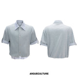 Gray short-sleeve top with striped collar and cuffs, front and back views