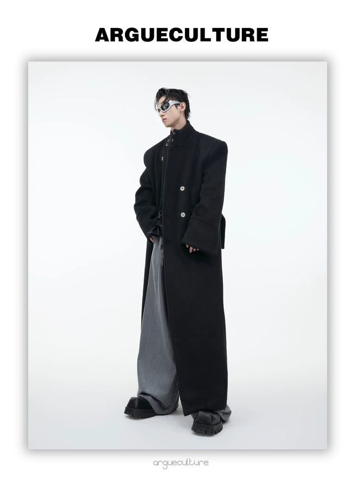 Wool Stand Collar Over Coat with Metal Buckle Accents and Four Pockets - ArgueCulture