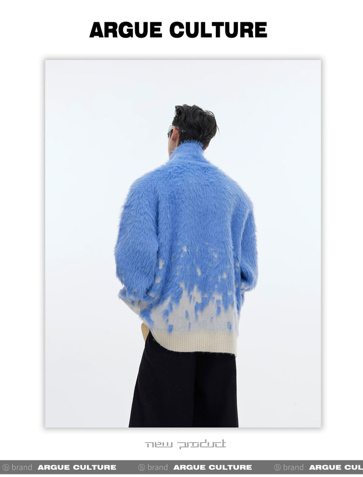 Gradient Knit Cardigan Faux Fur Texture with Metal Buttons - ArgueCulture