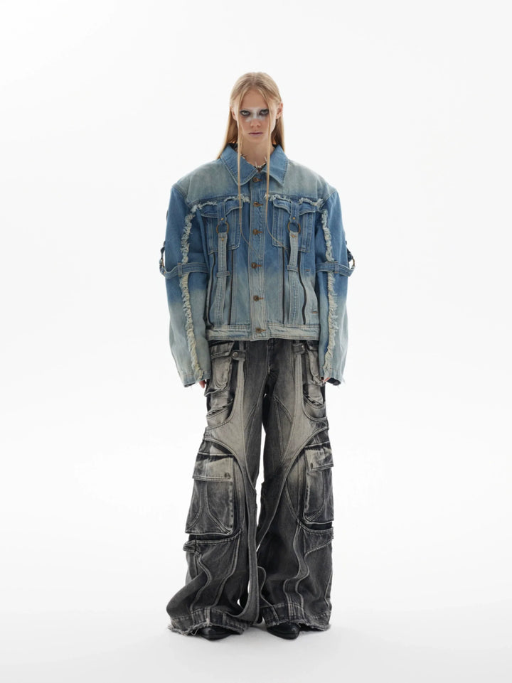 Vintage Distressed Denim Jacket with Fringe and Gradient Wash - ArgueCulture