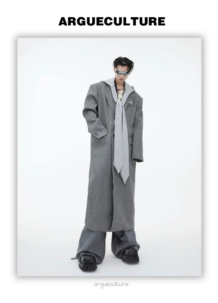 Men¡¯s Oversized Wool Coat with Detachable Hoodie Metallic Logo Streetwear - ArgueCulture