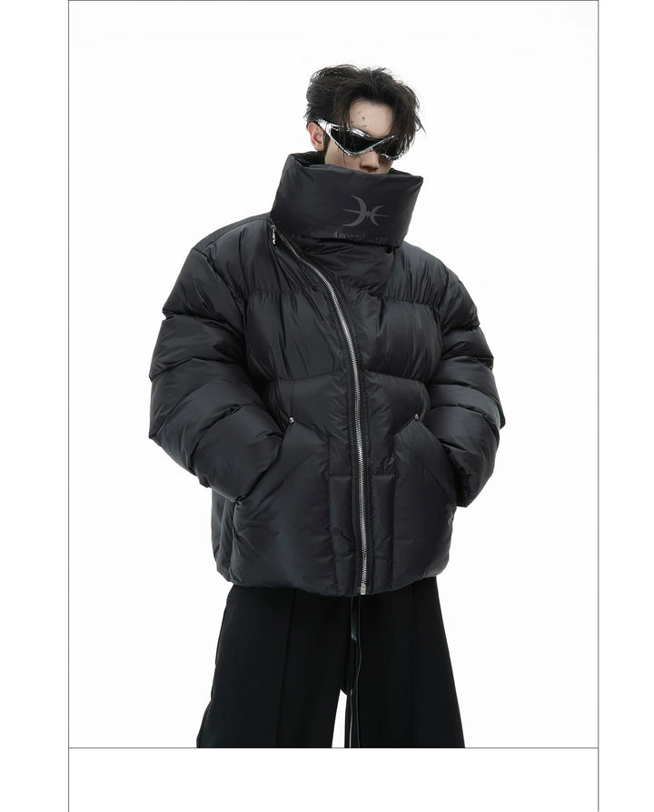 High-Neck Puffer Jacket with Asymmetrical Zipper and Oversized Fit - ArgueCulture