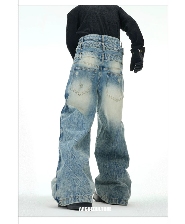 Triple Waistband Wash Blue Denim Jeans Distressed Vintage Design - ArgueCulture