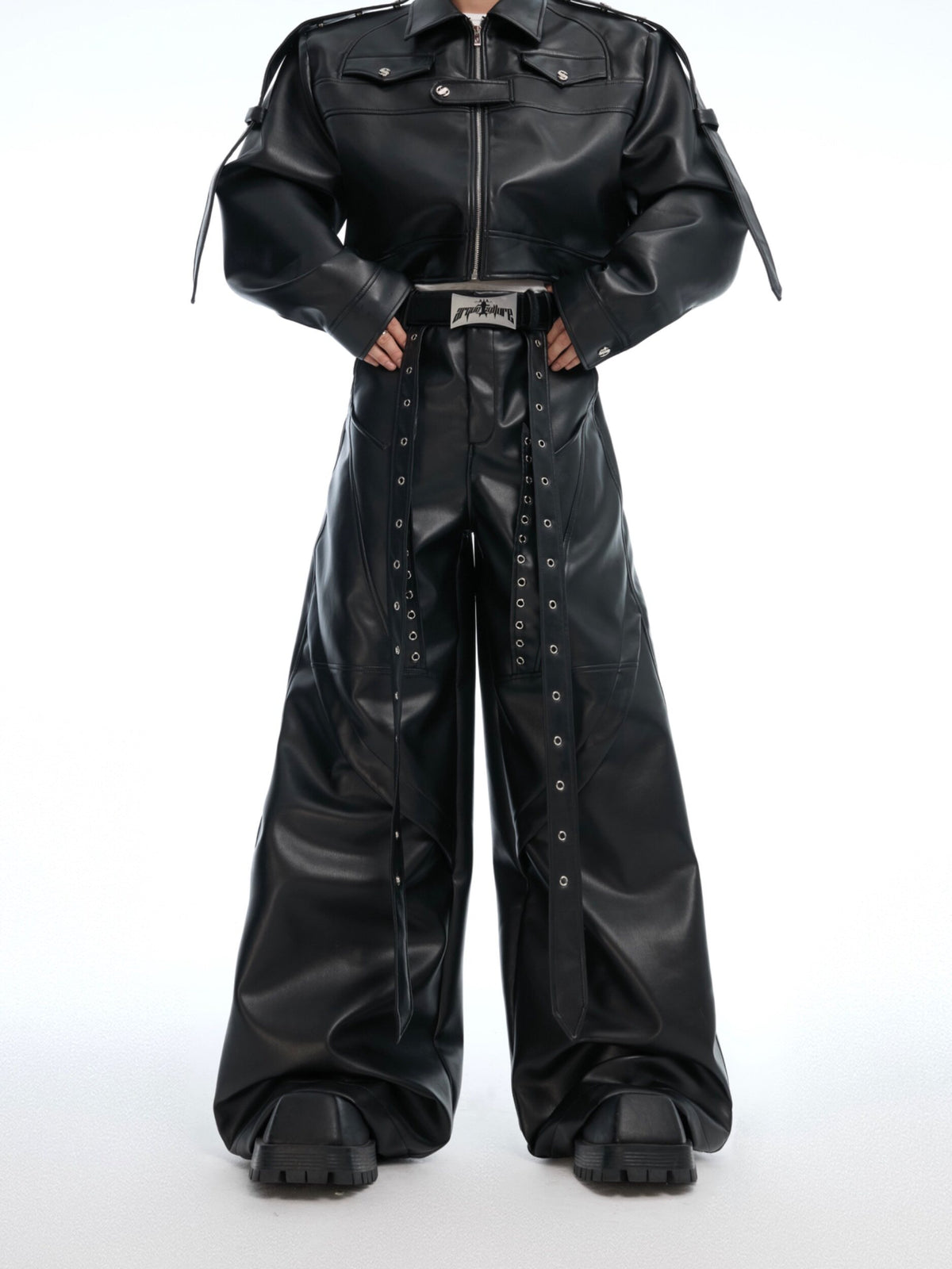 Deconstructed Studded Wide-Leg PU Pants - product image 1
