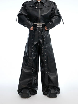 Deconstructed Studded Wide-Leg PU Pants - product image 1