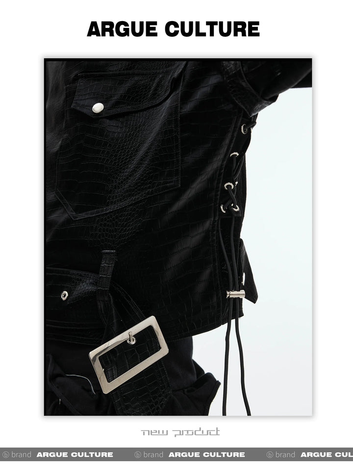 Glossy Crocodile Print PU Leather Jacket with Deconstructed Design - ArgueCulture