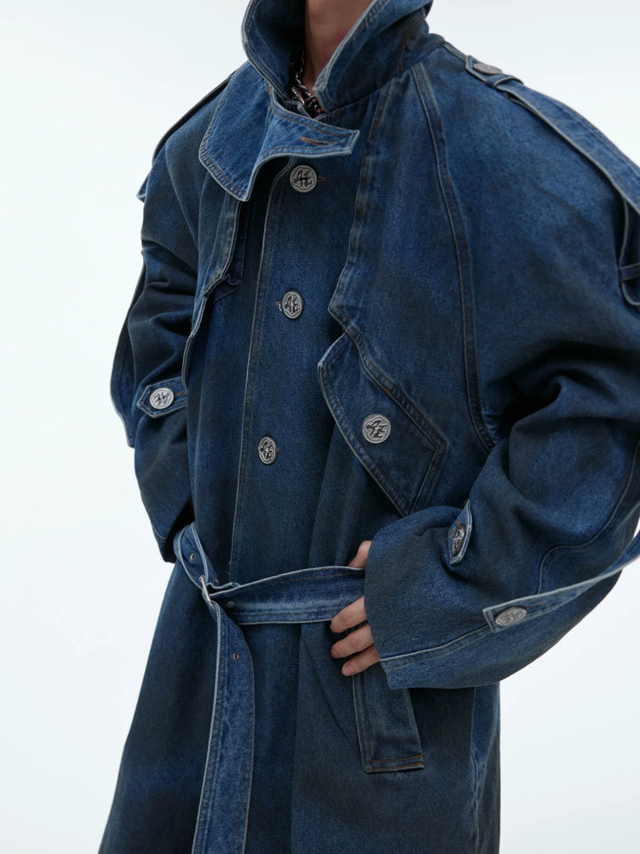 Deconstructed Oversized Denim Trench Coat ¨C Vintage Washed Outerwear - ArgueCulture