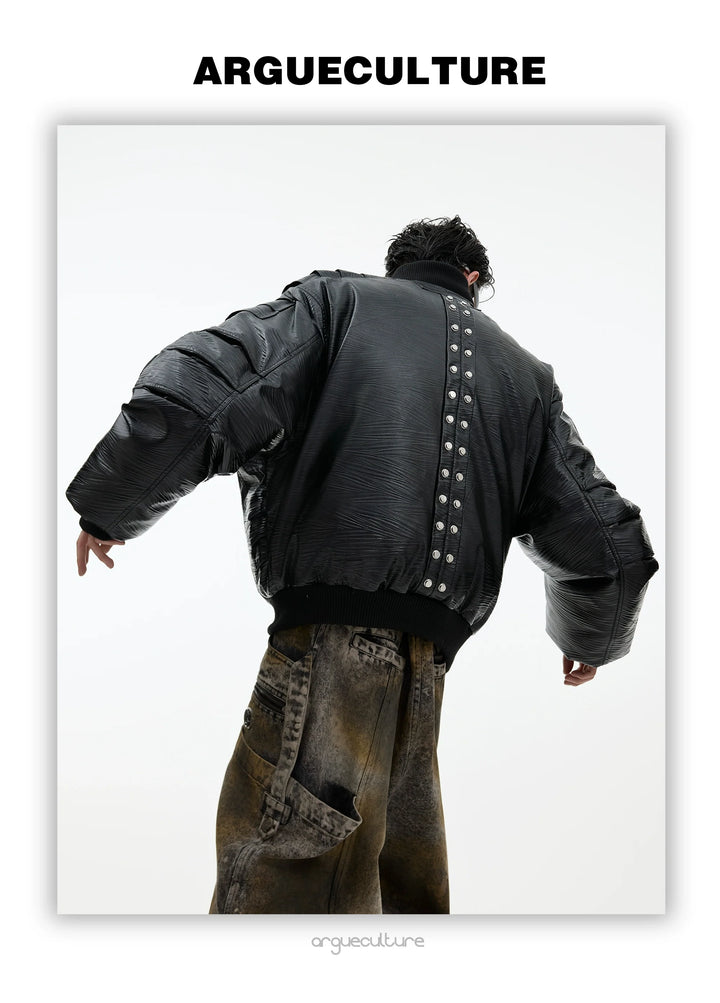 Layered Faux Leather Bomber Jacket with Metallic Accents - ArgueCulture