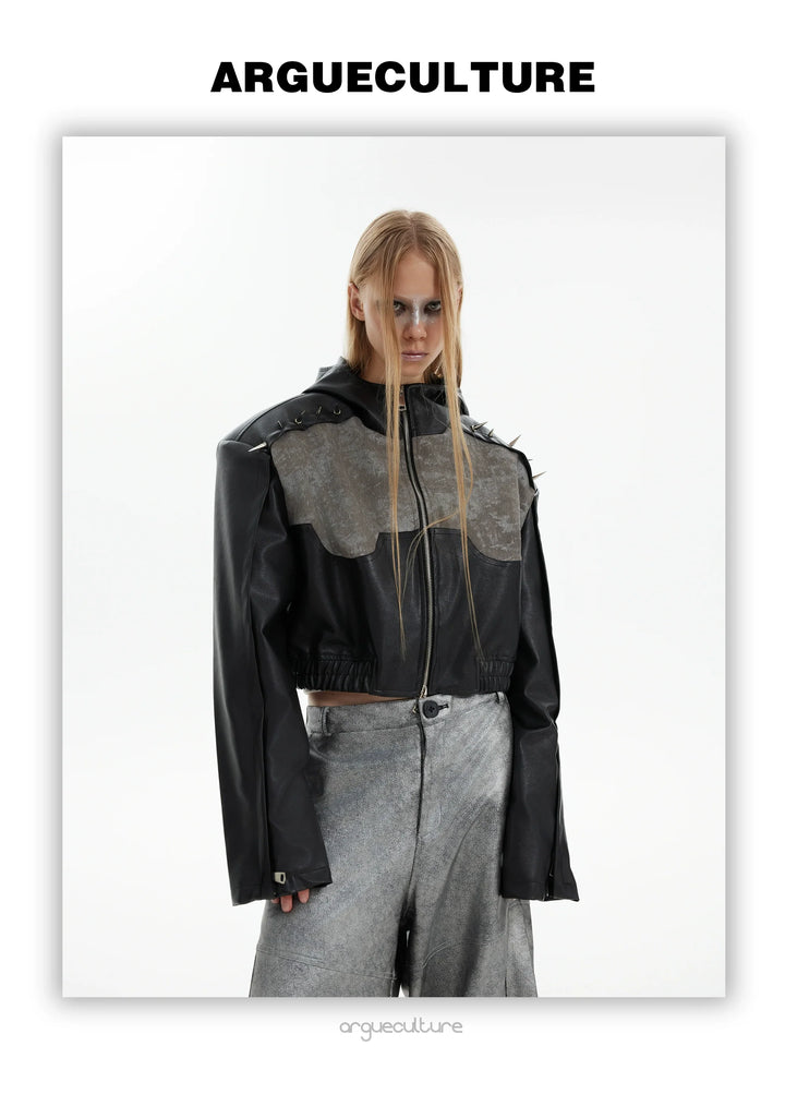 Punk PU Leather Jacket with Asymmetrical Splicing and Metal Studs - ArgueCulture