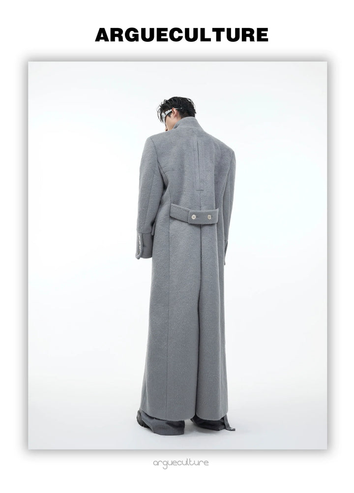 Wool Stand Collar Over Coat with Metal Buckle Accents and Four Pockets - ArgueCulture