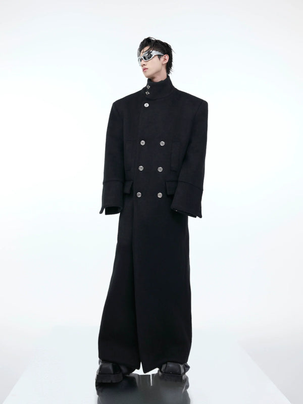 Wool Stand Collar Over Coat with Metal Buckle Accents and Four Pockets - ArgueCulture