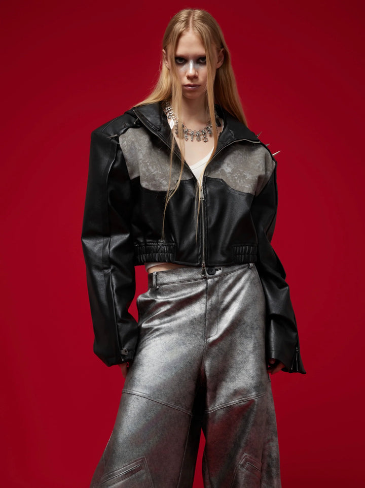 Punk PU Leather Jacket with Asymmetrical Splicing and Metal Studs - ArgueCulture