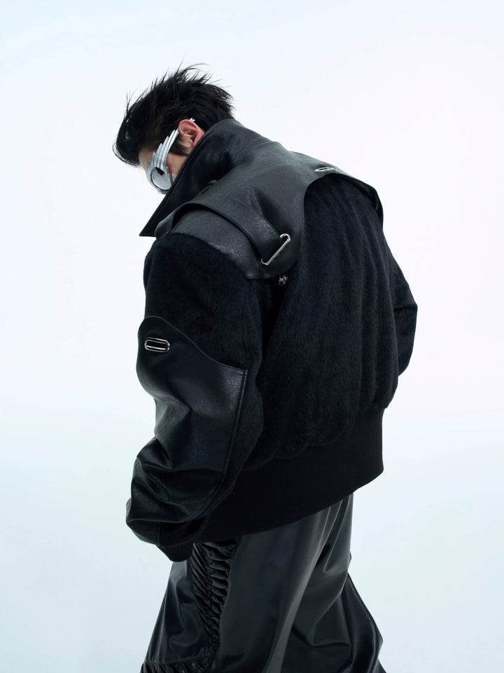 Dual-Fabric Deconstructed PU Leather & Plush Short Bomber Jacket - ArgueCulture