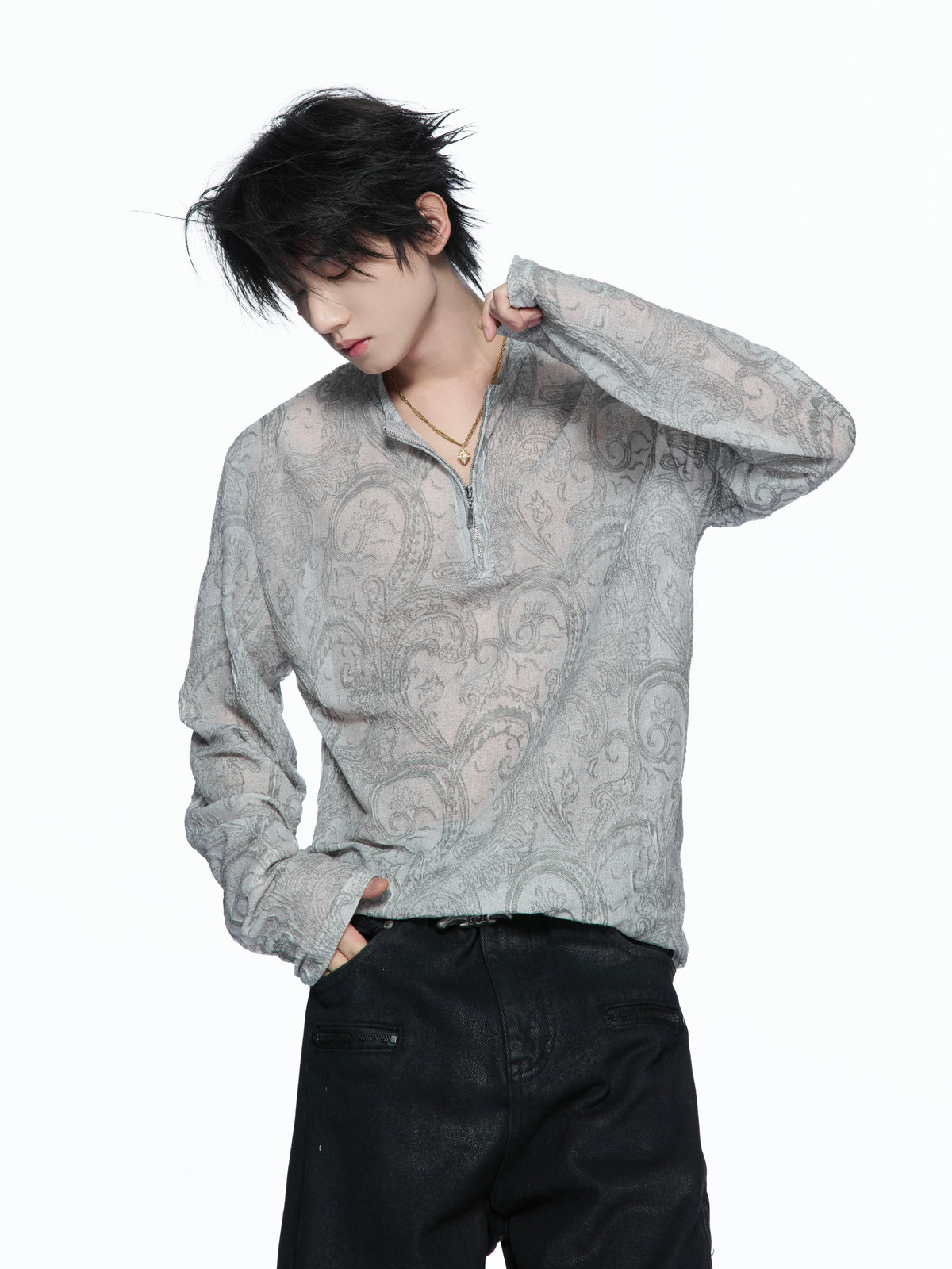 Paisley Floral Sheer Mesh Half-Zip Top - product image 1