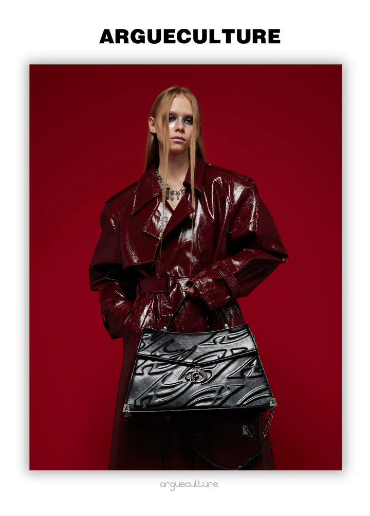 Futuristic Liquid-Look Faux Leather Trench Coat with Shoulder Pads - ArgueCulture