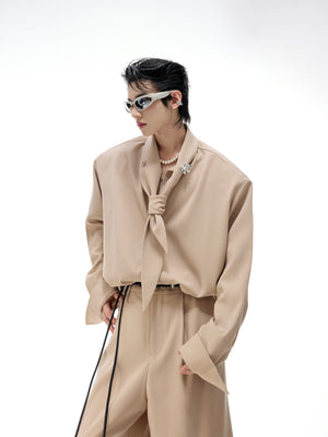 Ribbon-Collar Shirt and Wide-Leg Pants Set - product image 3