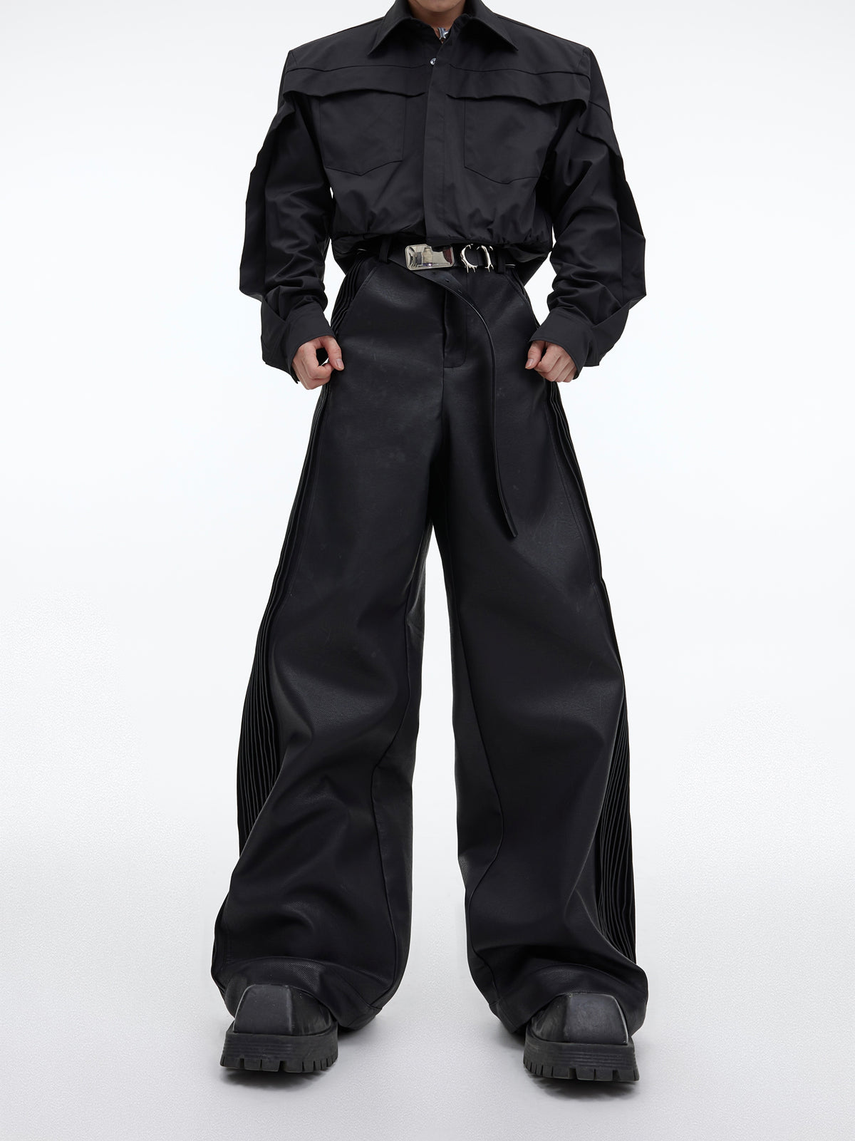 Matte PU Pleated Straight-Leg Pants - product image 1