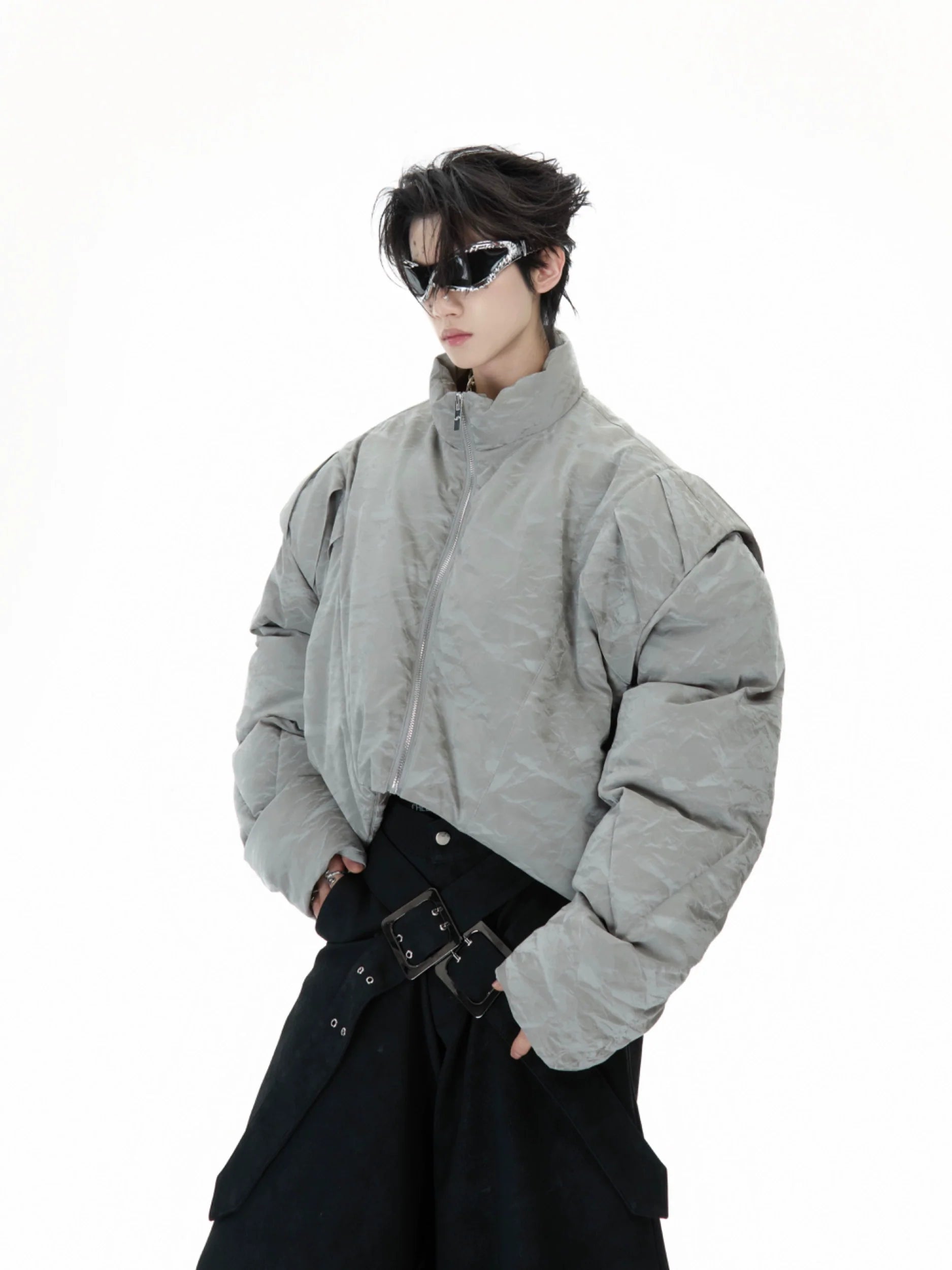 Short Deconstructed Puffer Jacket with Glossy Texture - ArgueCulture