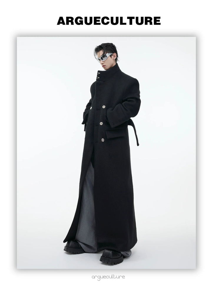 Wool Stand Collar Over Coat with Metal Buckle Accents and Four Pockets - ArgueCulture