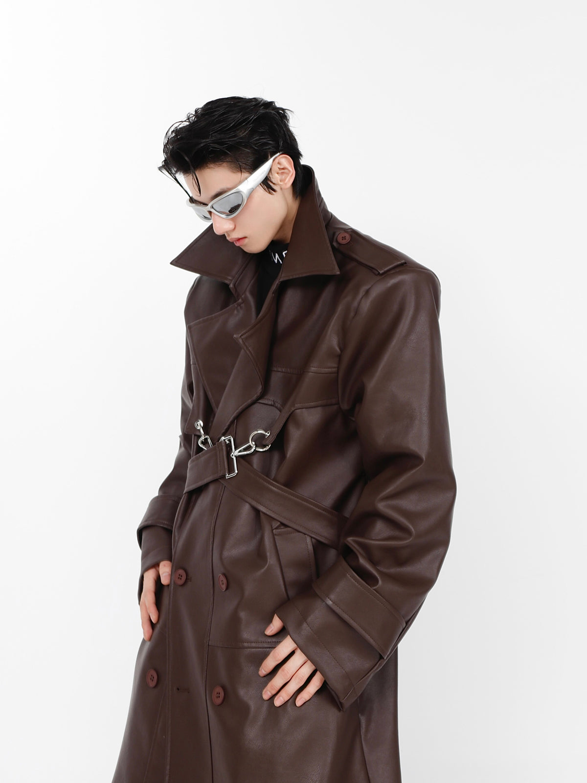 Layered PU Long Trench Coat - product image 3