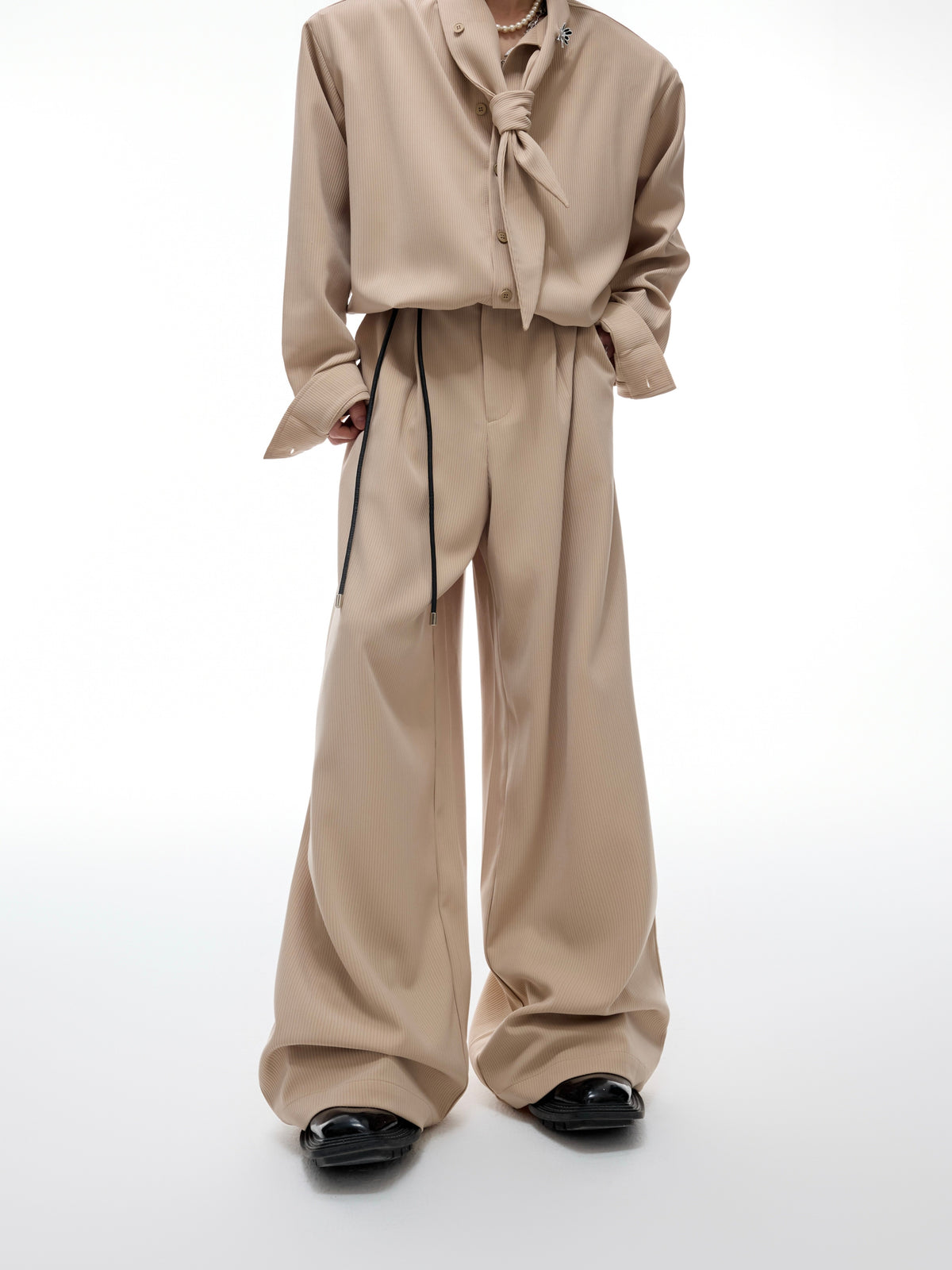 Ribbon-Collar Shirt and Wide-Leg Pants Set - product image 4