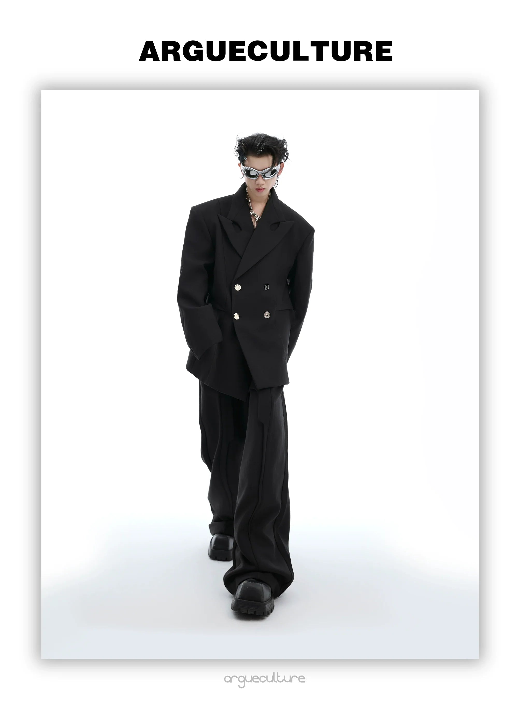 Asymmetrical Collar Blazer with Textured Fabric ¡§C Deconstructed Suit Set - ArgueCulture
