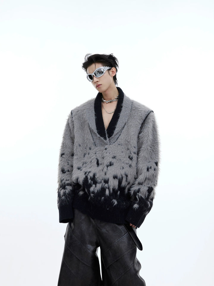 Gradient V-Neck Faux Fur Sweater for Christmas Aesthetic - ArgueCulture