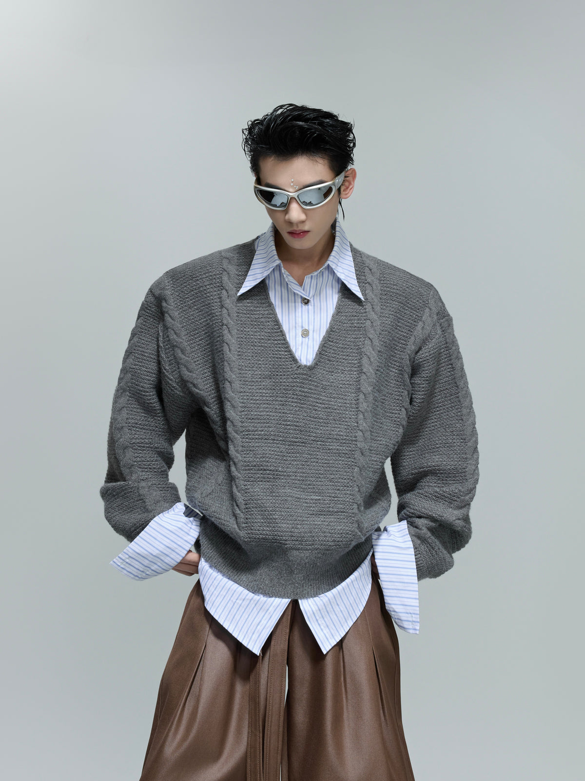 Relaxed Faux-Layer Cable-Knit Sweater - product image 1