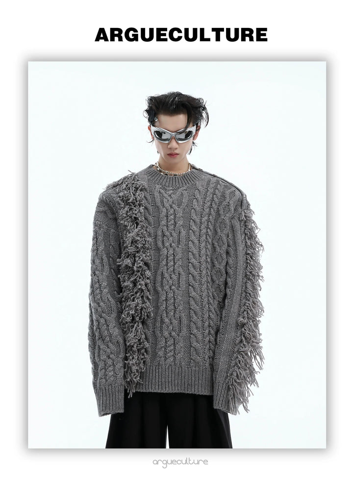 Asymmetrical Ribbed Knit Sweater with Bold Fringe Accents - ArgueCulture