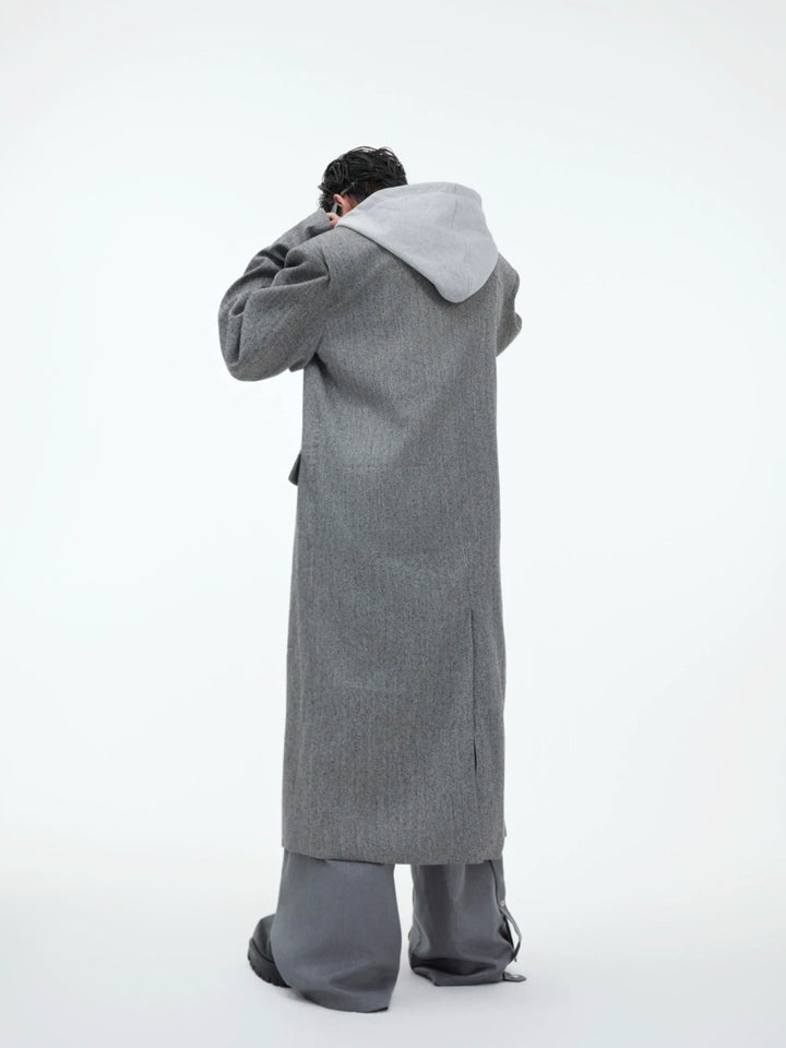 Men¡¯s Oversized Wool Coat with Detachable Hoodie Metallic Logo Streetwear - ArgueCulture