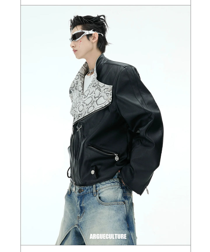 Snake Pattern PU Short Jacket with Lapel Collar and Zipper Pockets - ArgueCulture