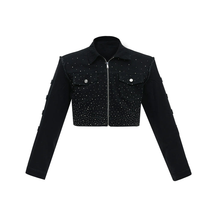 Sparkling Rhinestone Shoulder Pad Short Denim Jacket - ArgueCulture