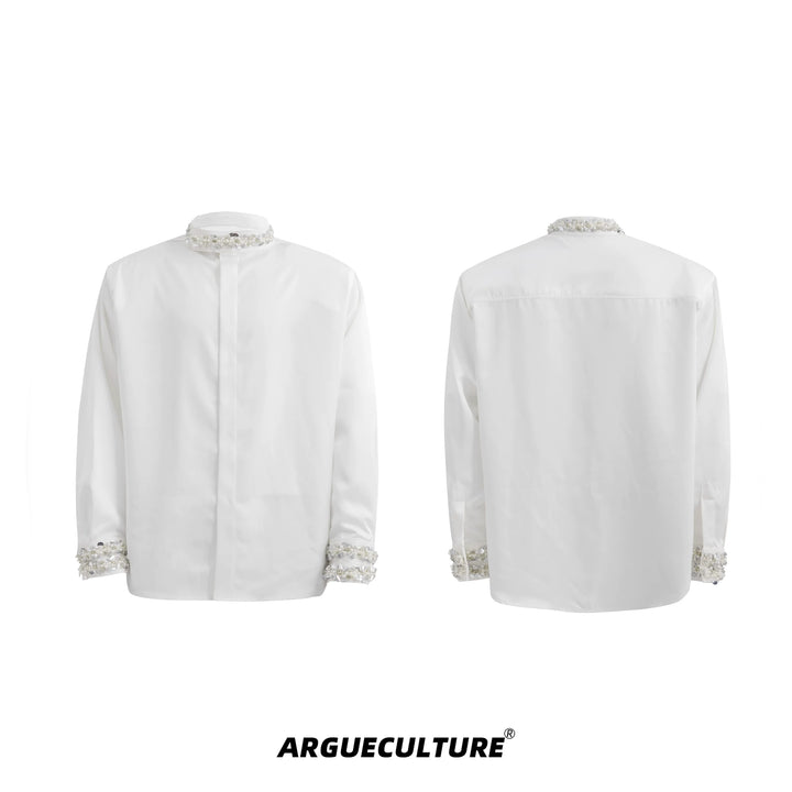 Satin Draped Pearl-Embellished Shirt for Elegant Men & Women - ArgueCulture