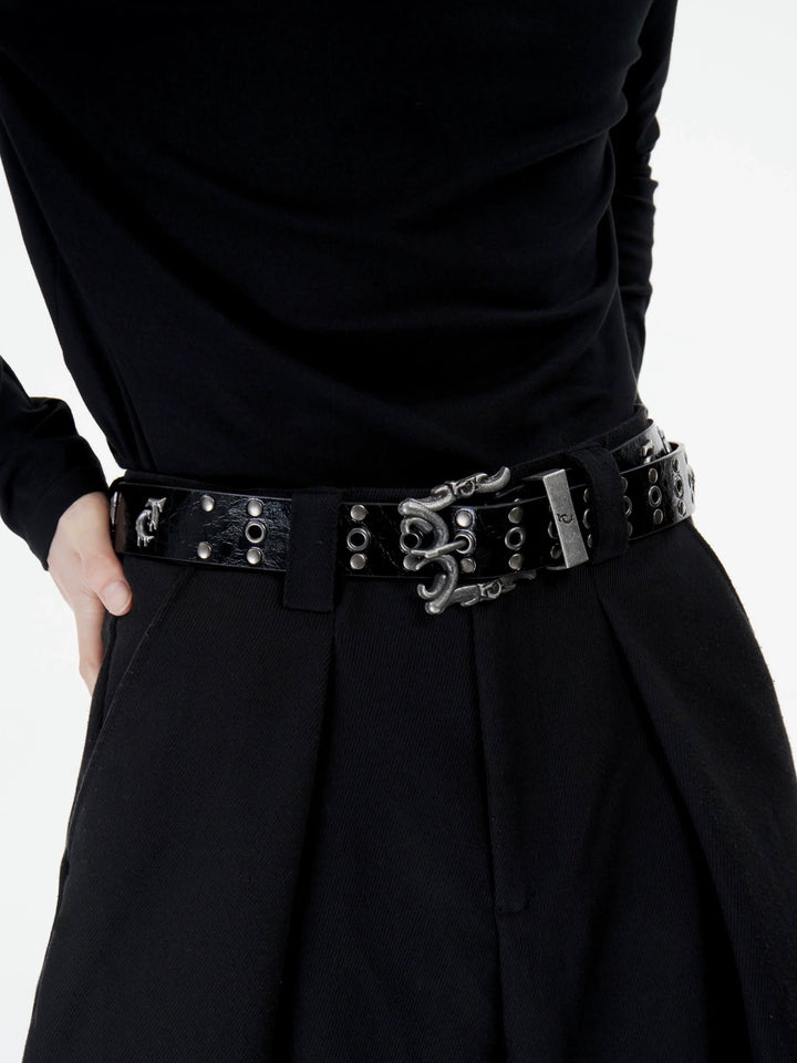 Retro Punk Genuine Leather Belt with Rivet and Metallic Logo - ArgueCulture