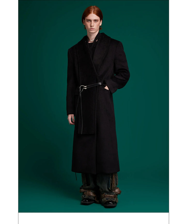 Metal Strap Wool Long Coat with Oversized Scarf Lapel - ArgueCulture