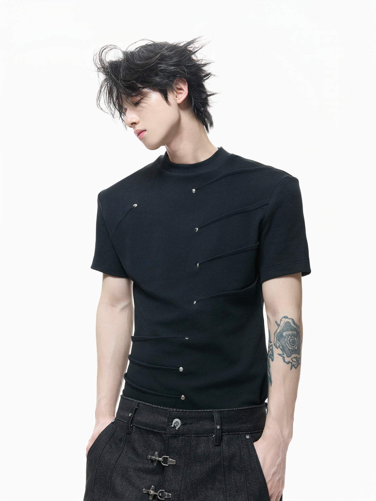 Metal Stud Pleated Crewneck T-Shirt - product image 1