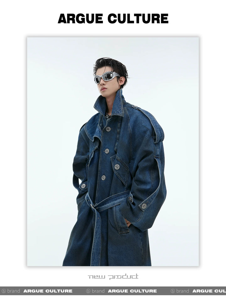 Deconstructed Oversized Denim Trench Coat ¨C Vintage Washed Outerwear - ArgueCulture