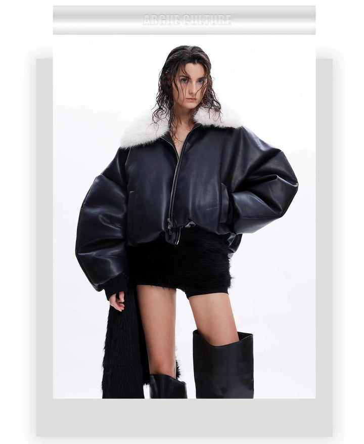 Faux Fur Collar Leather Bomber Jacket with Asymmetrical Design - ArgueCulture