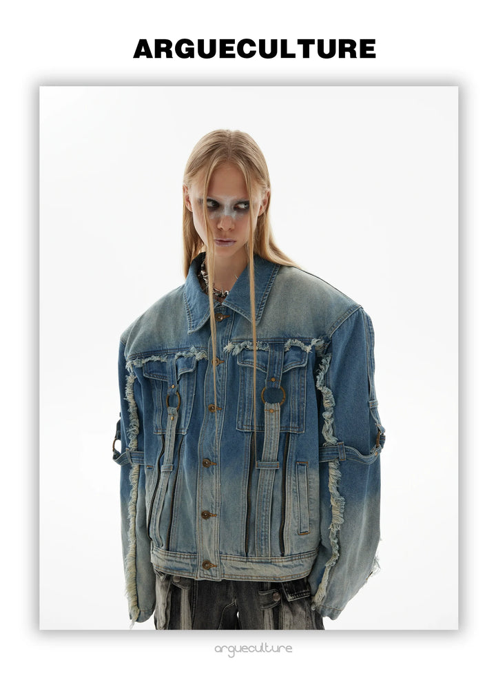 Vintage Distressed Denim Jacket with Fringe and Gradient Wash - ArgueCulture