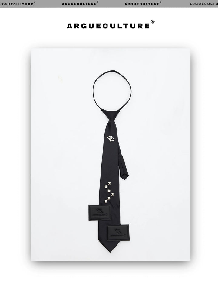 Metal Logo Black Adjustable Tie with PU Patch - ArgueCulture