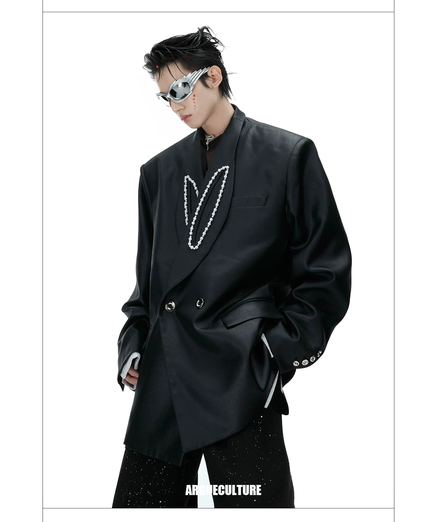 Waxed Wide Shoulder Blazer with Pearl Embellishments - ArgueCulture