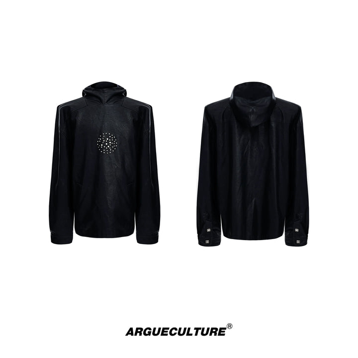 Oversized Faux Leather Punk Hoodie with Studs and Rhinestone Accents - ArgueCulture