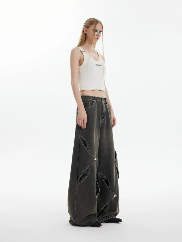 Vintage Washed Denim Pants with Geometric Line and Irregular Cut - ArgueCulture