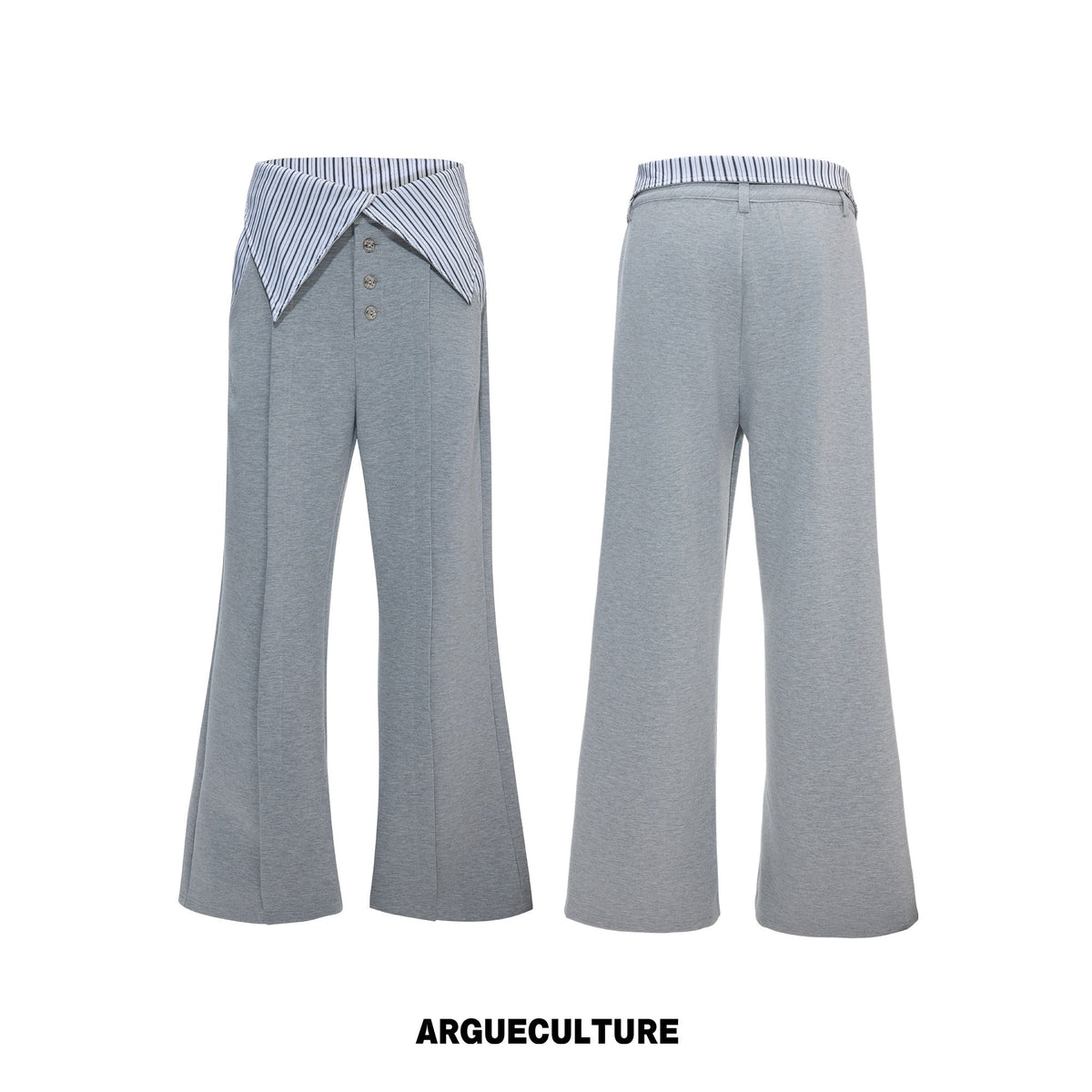 Gray wide-leg pants with striped waist detail, front and back views