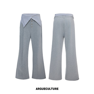 Gray wide-leg pants with striped waist detail, front and back views