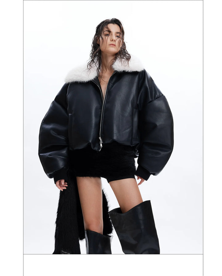 Faux Fur Collar Leather Bomber Jacket with Asymmetrical Design - ArgueCulture