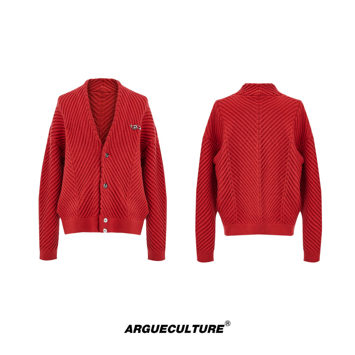 V-Neck Cardigan Sweater with Ribbed Design and Metallic Logo - ArgueCulture