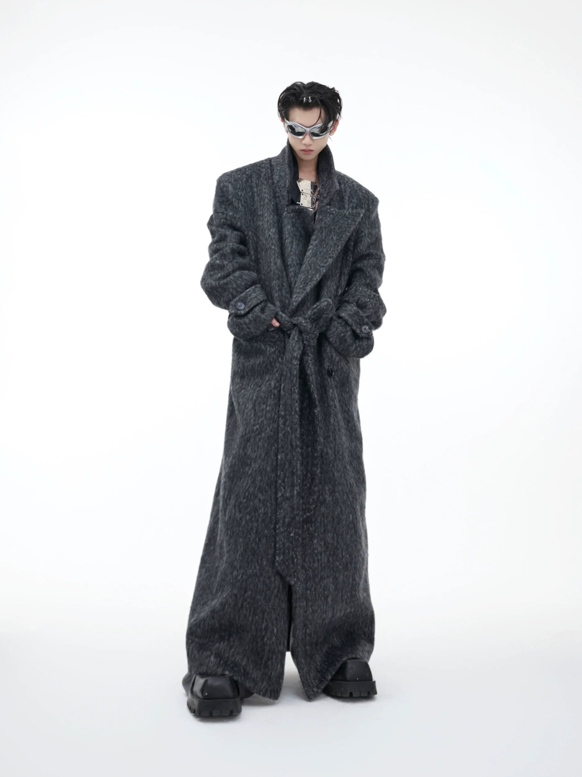 Heavyweight Wool Blend Long Over Coat with Belted Waist - ArgueCulture