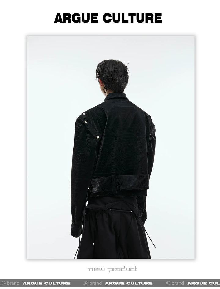 Glossy Crocodile Print PU Leather Jacket with Deconstructed Design - ArgueCulture